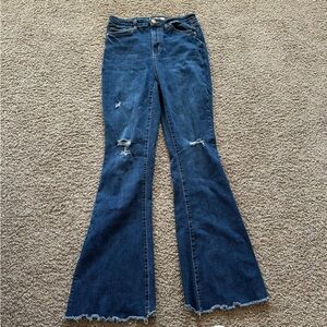 YMI Dark Blue Flare Jeans with Distressed Knees